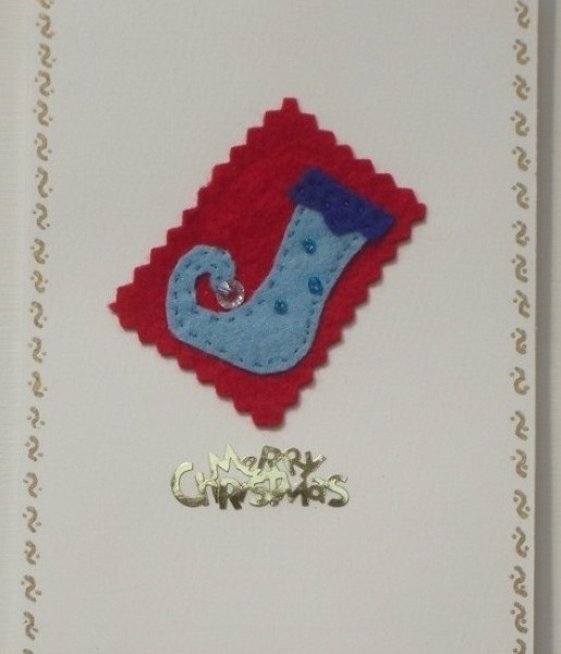 Handmade Christmas card with a blue felt Elves shoe.